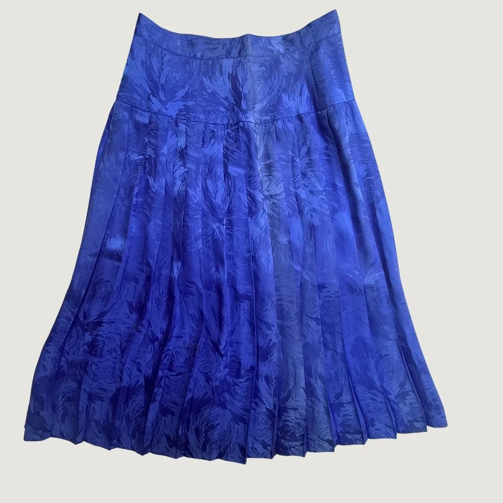 Vintage Argenti Silk Skirt 8 Cobalt Blue Jacquard Pleated Button Front Midi
